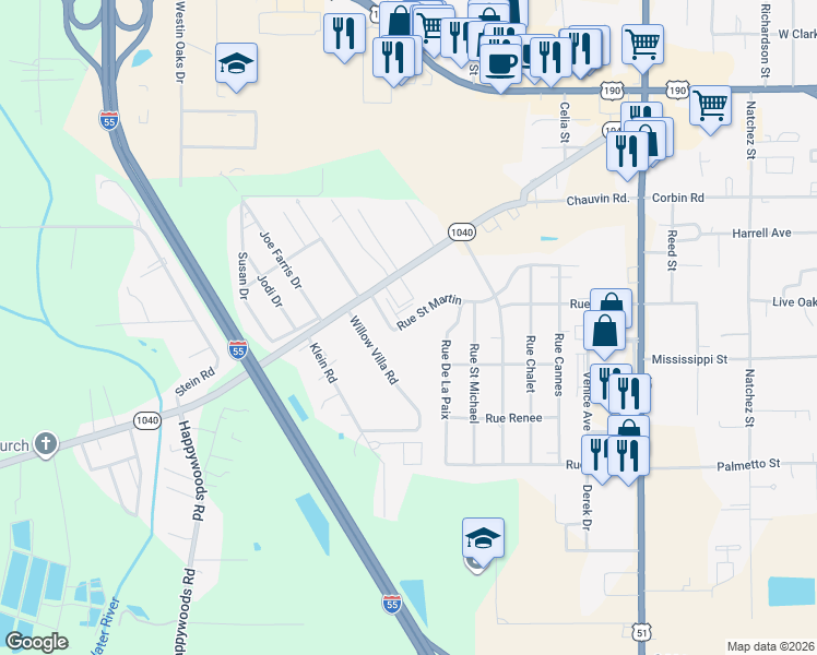 map of restaurants, bars, coffee shops, grocery stores, and more near 2700 Rue Saint Martin in Hammond