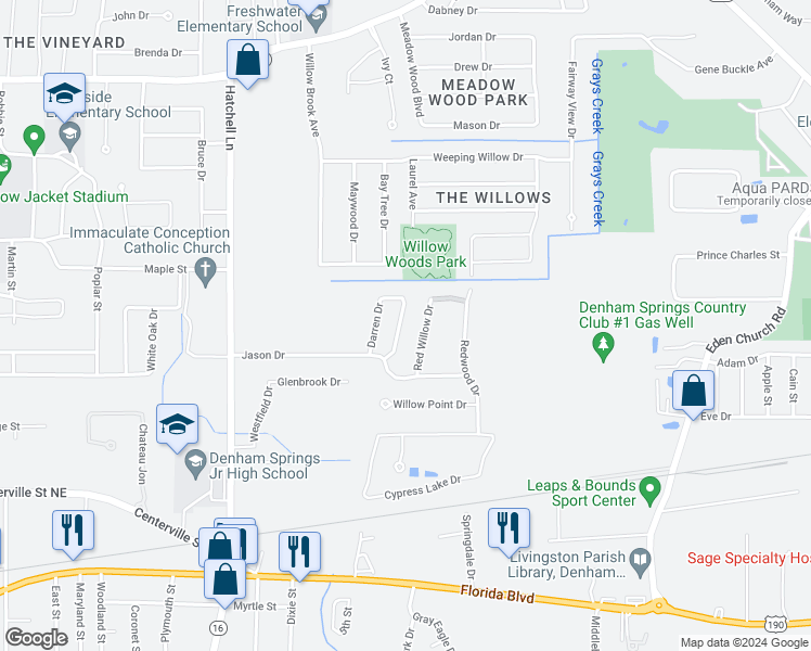 map of restaurants, bars, coffee shops, grocery stores, and more near 738 Lynn Drive in Denham Springs