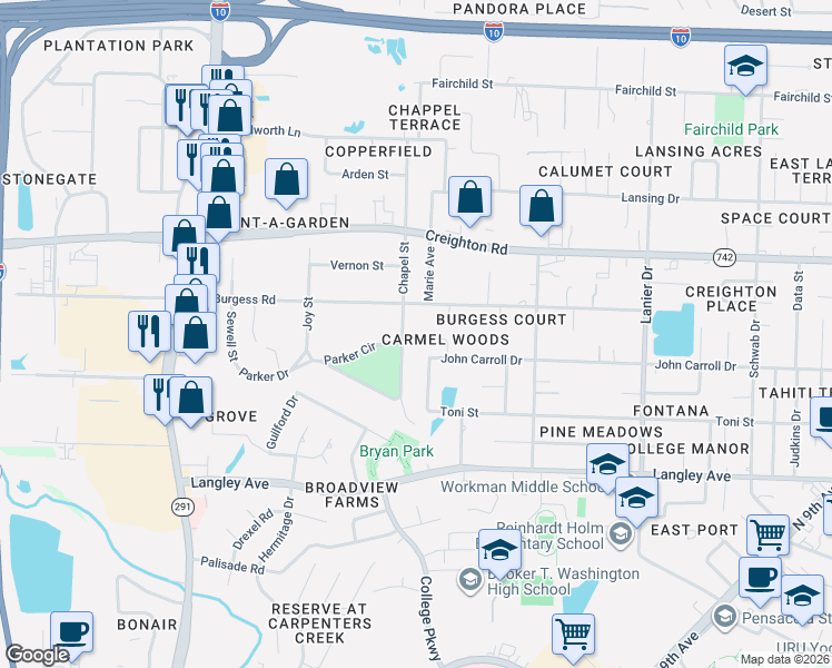 map of restaurants, bars, coffee shops, grocery stores, and more near 1139 East Burgess Road in Pensacola
