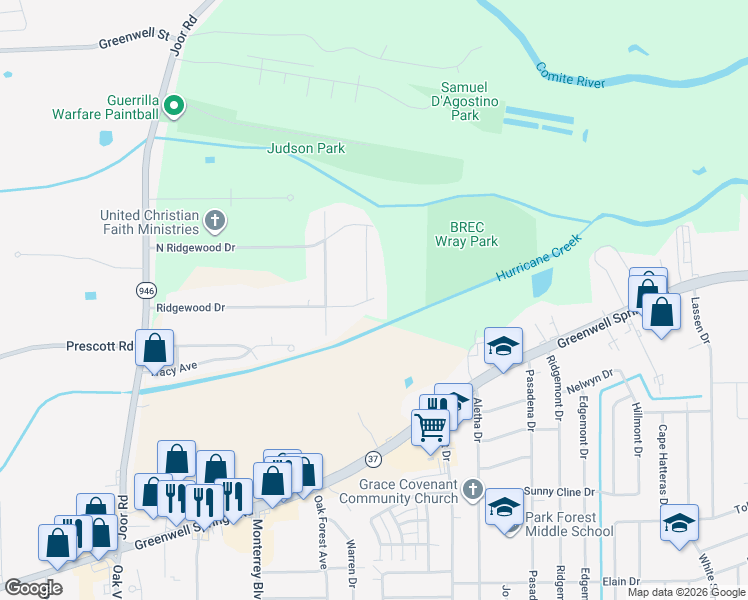 map of restaurants, bars, coffee shops, grocery stores, and more near 4654 Elmwood Drive in Baton Rouge