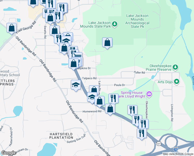 map of restaurants, bars, coffee shops, grocery stores, and more near 1730 Talpeco Road in Tallahassee