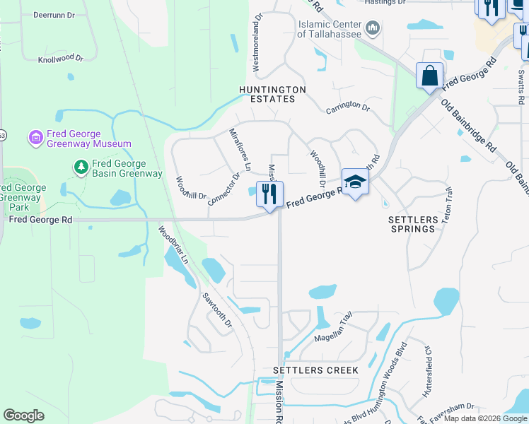 map of restaurants, bars, coffee shops, grocery stores, and more near 4070 Fred George Road in Tallahassee