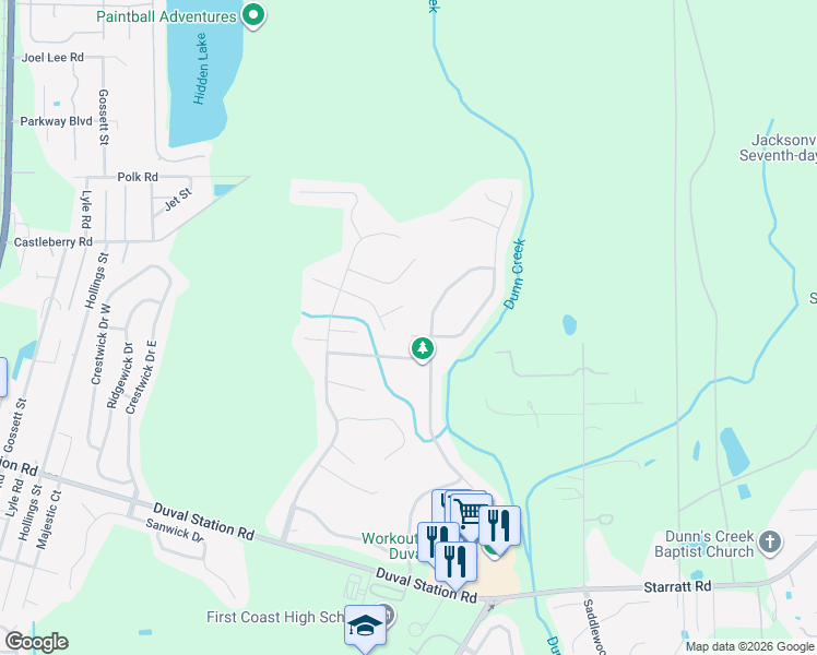 map of restaurants, bars, coffee shops, grocery stores, and more near 14205 Amber Creek Court in Jacksonville