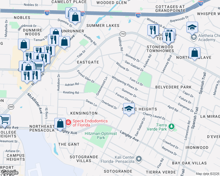 map of restaurants, bars, coffee shops, grocery stores, and more near 6031 Hilltop Road in Pensacola