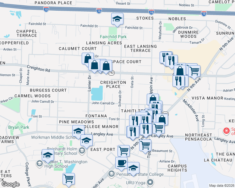 map of restaurants, bars, coffee shops, grocery stores, and more near 6631 Schwab Drive in Pensacola