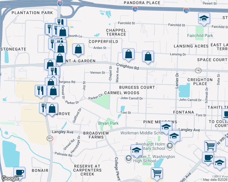 map of restaurants, bars, coffee shops, grocery stores, and more near 1139 East Burgess Road in Pensacola