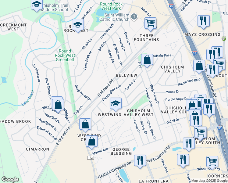 map of restaurants, bars, coffee shops, grocery stores, and more near 1016 Christopher Avenue in Round Rock