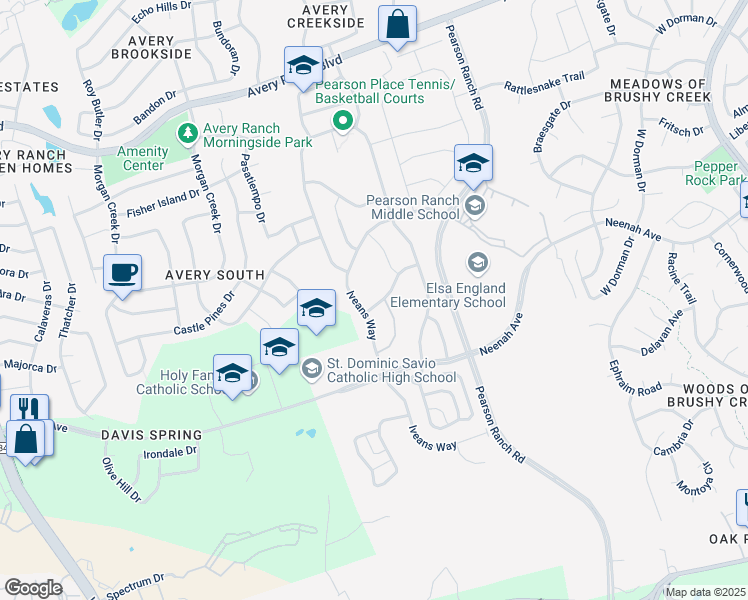 map of restaurants, bars, coffee shops, grocery stores, and more near 15508 Bended Knee Drive in Austin