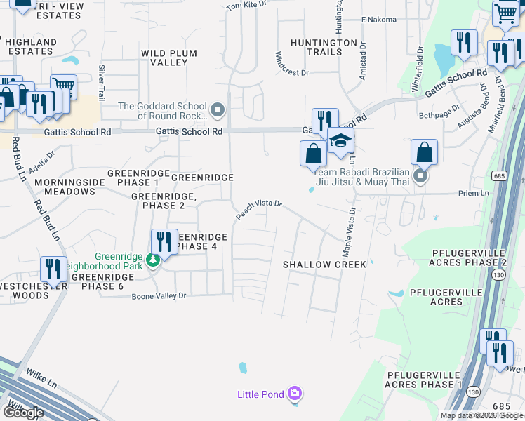 map of restaurants, bars, coffee shops, grocery stores, and more near 20305 Hidden Gully Lane in Pflugerville