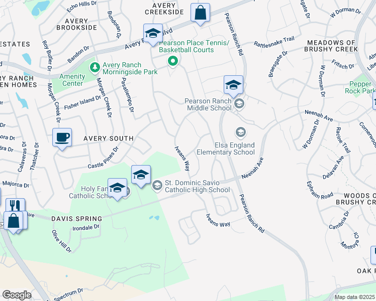 map of restaurants, bars, coffee shops, grocery stores, and more near 15408 Bended Knee Drive in Austin