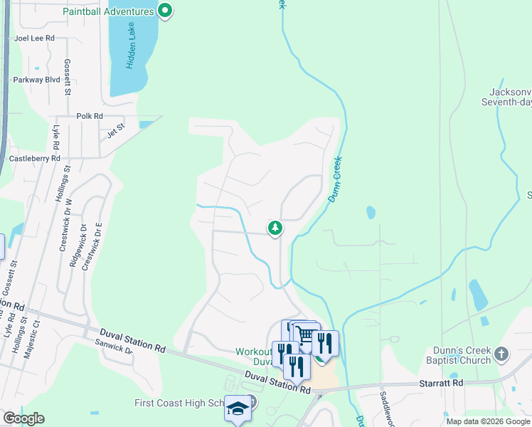 map of restaurants, bars, coffee shops, grocery stores, and more near 14205 Amber Creek Court in Jacksonville