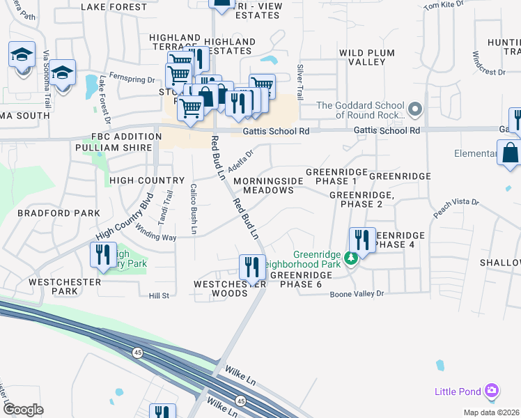 map of restaurants, bars, coffee shops, grocery stores, and more near 3604 Winding Way in Round Rock