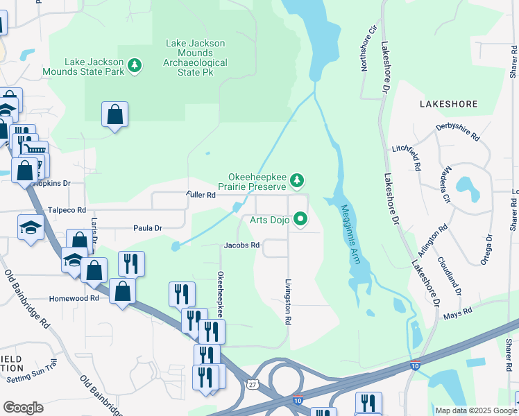 map of restaurants, bars, coffee shops, grocery stores, and more near 1320 Waterline Drive in Tallahassee