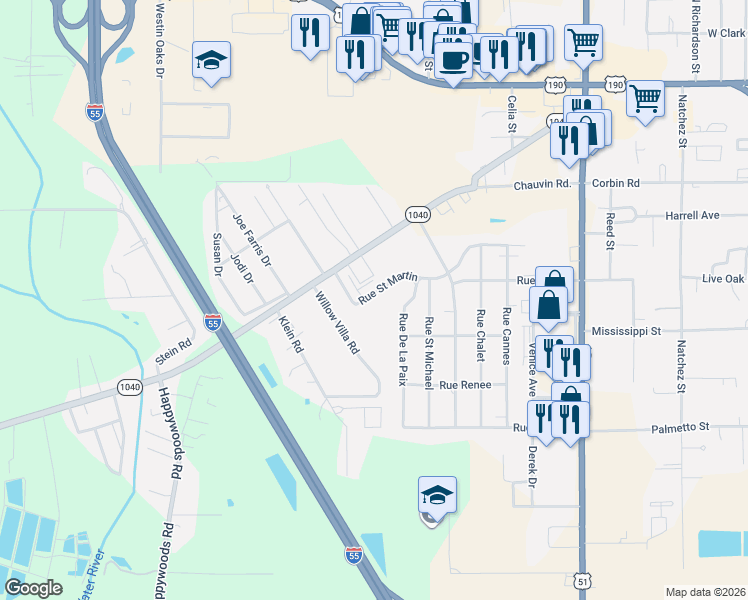 map of restaurants, bars, coffee shops, grocery stores, and more near 2700 Rue Saint Martin in Hammond