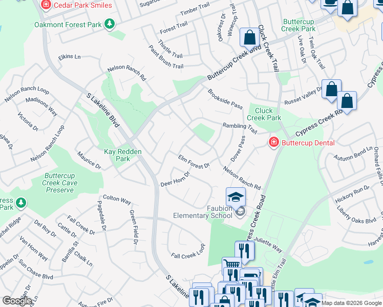 map of restaurants, bars, coffee shops, grocery stores, and more near 1308 Shady Grove Path in Cedar Park