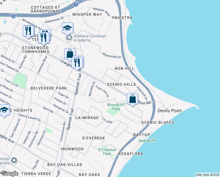 map of restaurants, bars, coffee shops, grocery stores, and more near 4601 Creighton Road in Pensacola