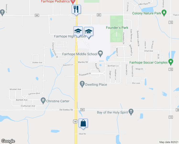 map of restaurants, bars, coffee shops, grocery stores, and more near 101 Davison Loop in Fairhope