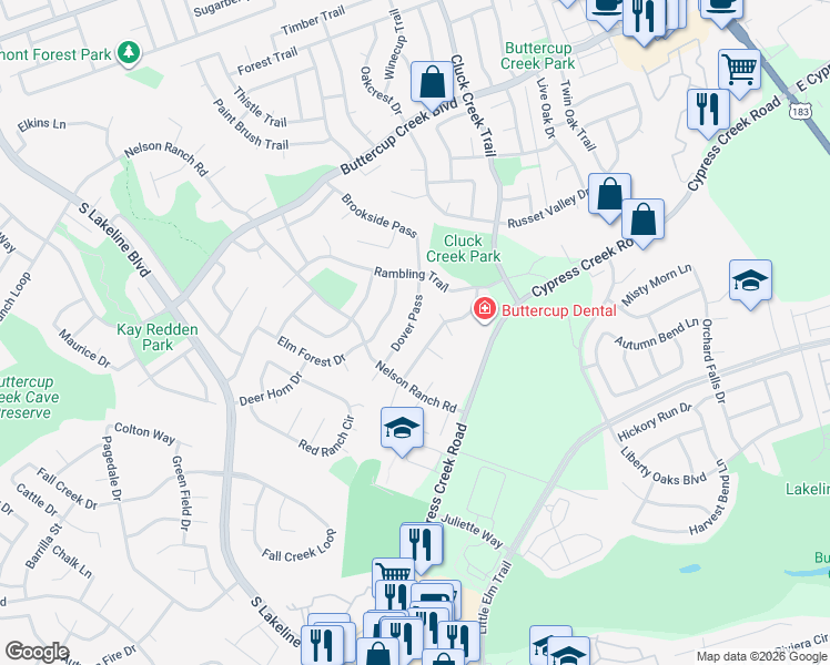 map of restaurants, bars, coffee shops, grocery stores, and more near 914 Elmwood Trail in Cedar Park