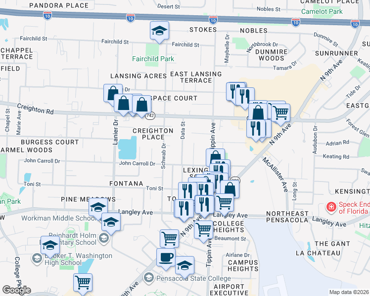 map of restaurants, bars, coffee shops, grocery stores, and more near 6799 Data Street in Pensacola