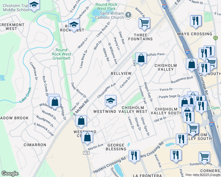 map of restaurants, bars, coffee shops, grocery stores, and more near 1016 Christopher Avenue in Round Rock