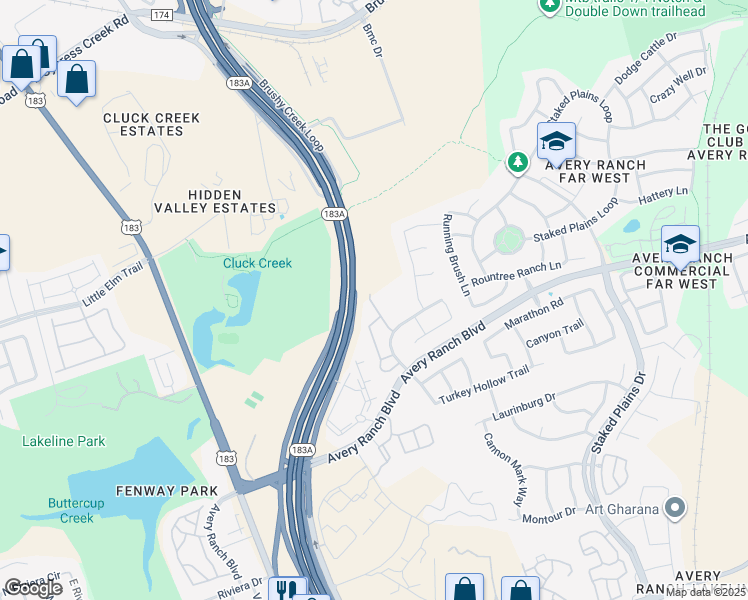 map of restaurants, bars, coffee shops, grocery stores, and more near 11415 Culzean Castle Drive in Austin