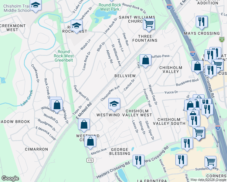 map of restaurants, bars, coffee shops, grocery stores, and more near 1013 Christopher Avenue in Round Rock