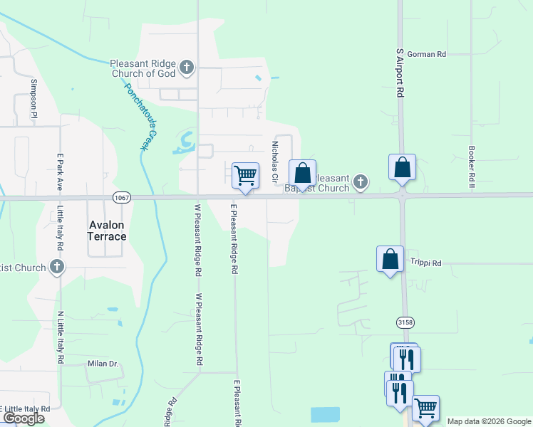 map of restaurants, bars, coffee shops, grocery stores, and more near 18138 Old Covington Highway in Hammond