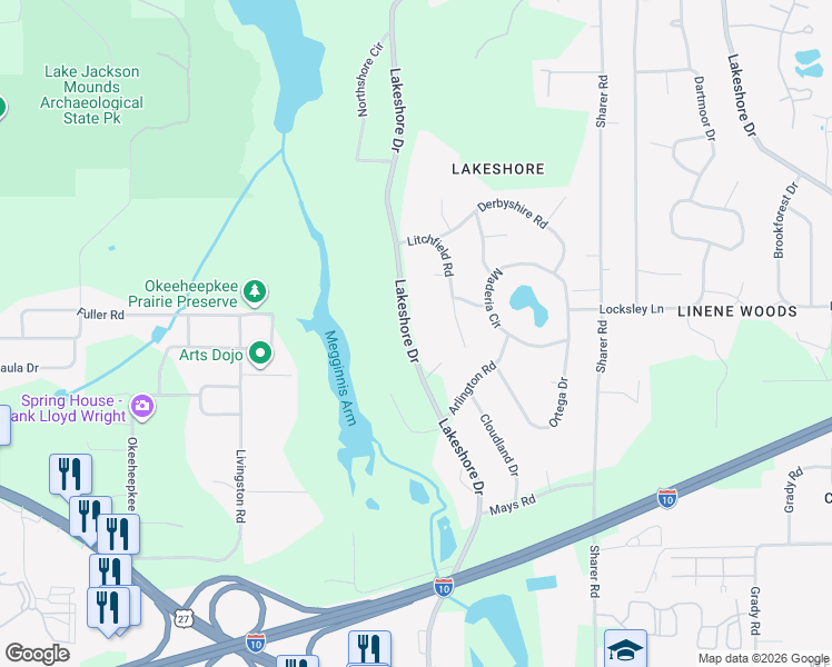 map of restaurants, bars, coffee shops, grocery stores, and more near 3155 Lakeshore Drive in Tallahassee