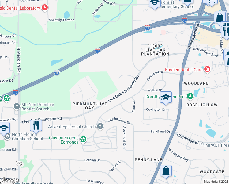 map of restaurants, bars, coffee shops, grocery stores, and more near 930 Live Oak Plantation Road in Tallahassee