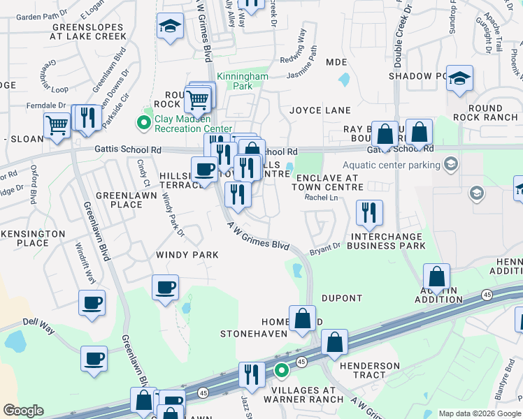 map of restaurants, bars, coffee shops, grocery stores, and more near 2101 Town Centre Drive in Round Rock