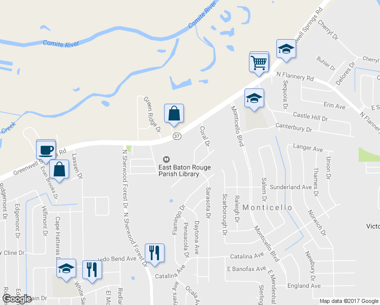map of restaurants, bars, coffee shops, grocery stores, and more near 4467 Sarasota Drive in Baton Rouge