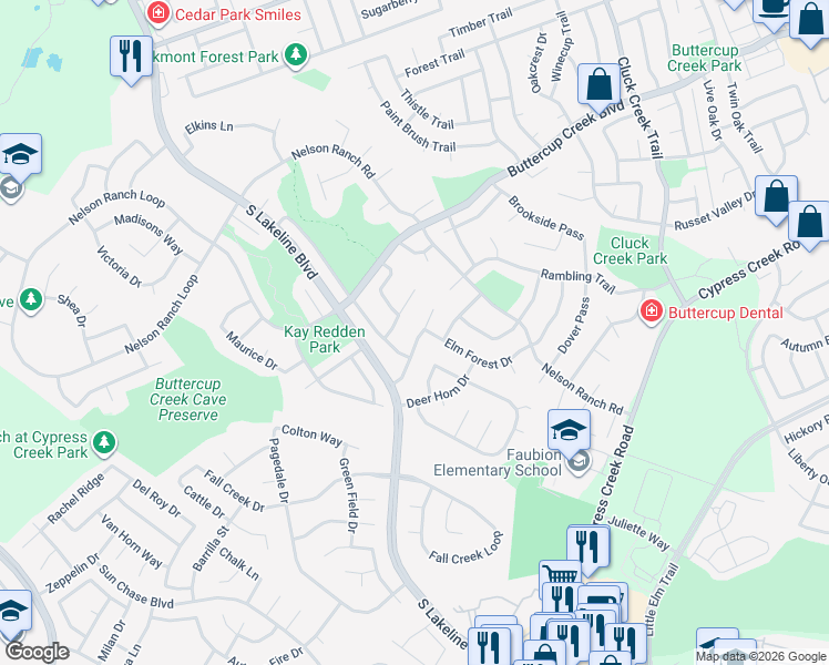 map of restaurants, bars, coffee shops, grocery stores, and more near 1414 Dove Hill Drive in Cedar Park