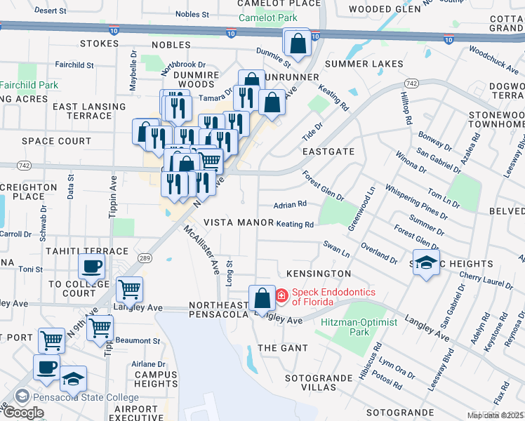 map of restaurants, bars, coffee shops, grocery stores, and more near 3205 Adrian Road in Pensacola