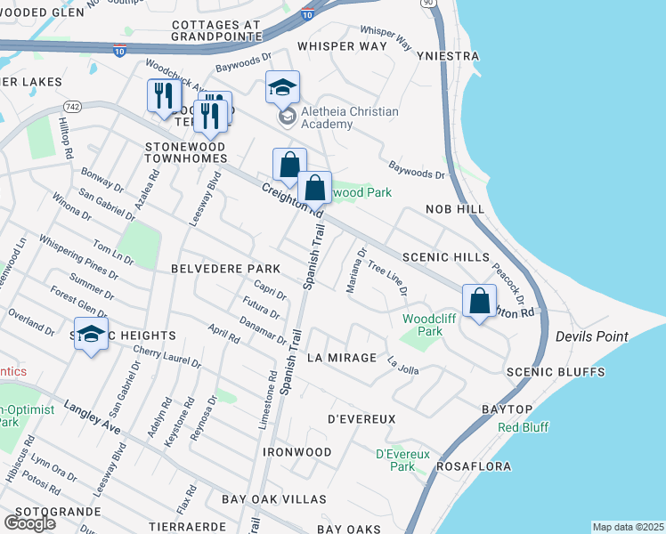 map of restaurants, bars, coffee shops, grocery stores, and more near 6900 Spanish Trail in Pensacola