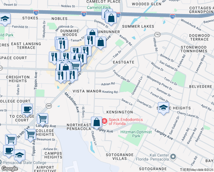 map of restaurants, bars, coffee shops, grocery stores, and more near 3260 Adrian Road in Pensacola