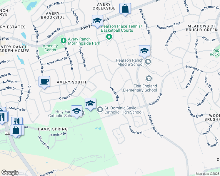 map of restaurants, bars, coffee shops, grocery stores, and more near 15108 Iveans Way in Austin