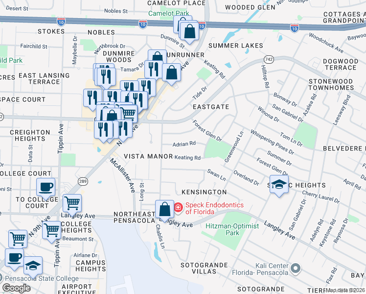 map of restaurants, bars, coffee shops, grocery stores, and more near 3260 Adrian Road in Pensacola