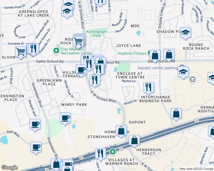 map of restaurants, bars, coffee shops, grocery stores, and more near 2101 Town Centre Drive in Round Rock