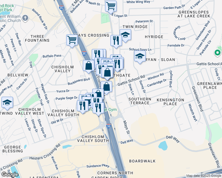 map of restaurants, bars, coffee shops, grocery stores, and more near 1601 South Interstate 35 Frontage Road in Round Rock