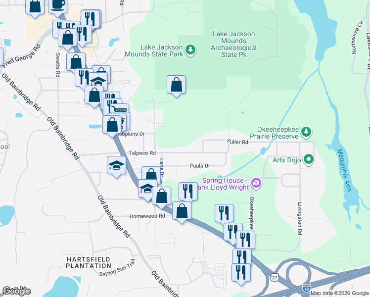 map of restaurants, bars, coffee shops, grocery stores, and more near 1702 Talpeco Road in Tallahassee
