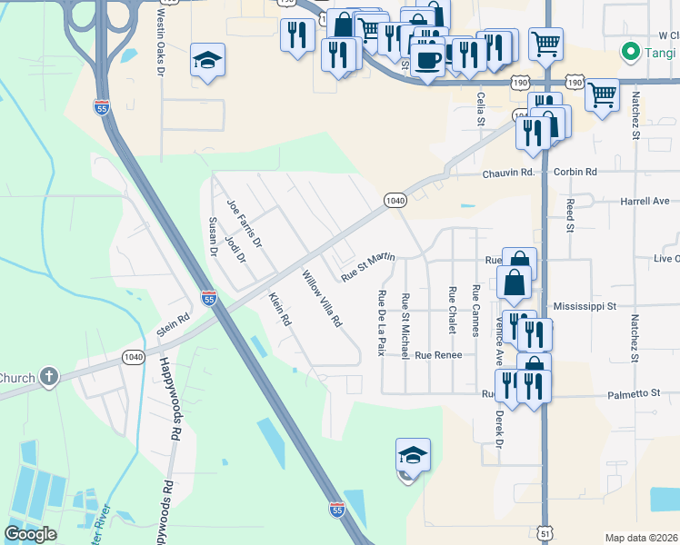 map of restaurants, bars, coffee shops, grocery stores, and more near 2700 Rue Saint Martin in Hammond