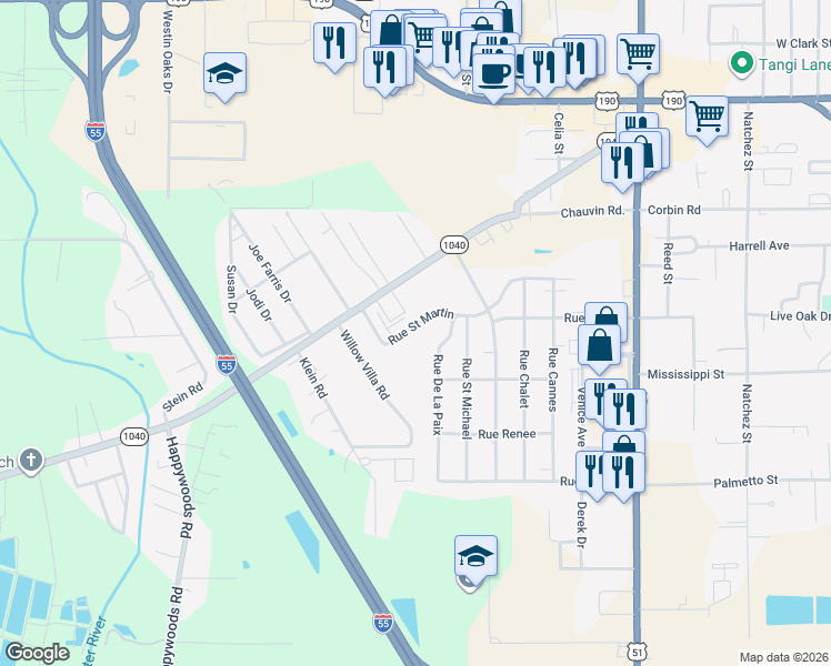 map of restaurants, bars, coffee shops, grocery stores, and more near 2700 Rue Saint Martin in Hammond