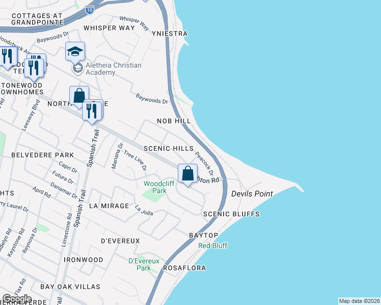 map of restaurants, bars, coffee shops, grocery stores, and more near 4765 Peacock Drive in Pensacola