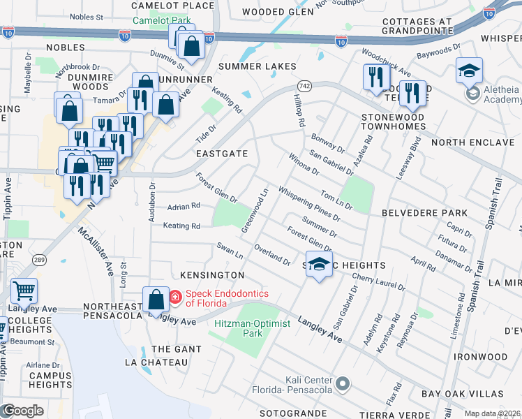 map of restaurants, bars, coffee shops, grocery stores, and more near 3570 Forest Glen Drive in Pensacola