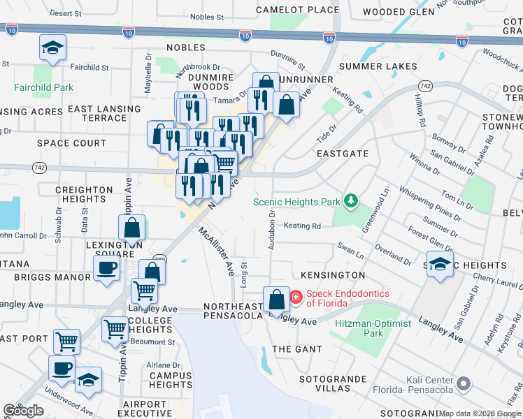 map of restaurants, bars, coffee shops, grocery stores, and more near 6140 The Oaks Lane in Pensacola