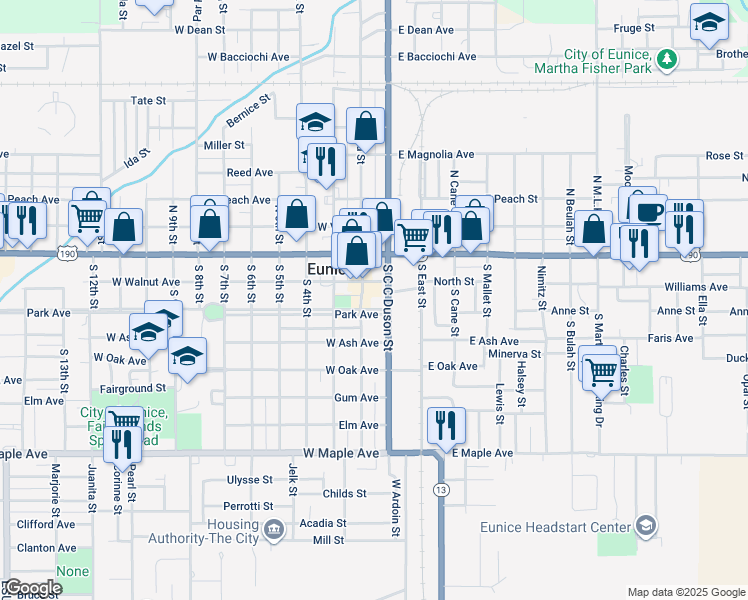 map of restaurants, bars, coffee shops, grocery stores, and more near 201 South 2nd Street in Eunice
