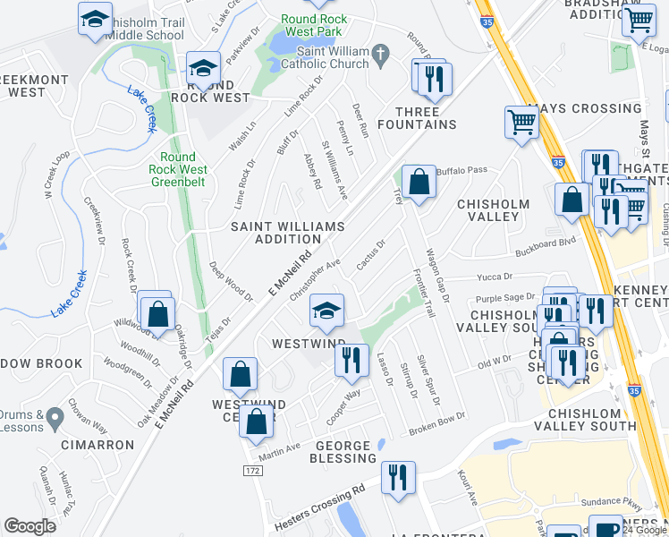 map of restaurants, bars, coffee shops, grocery stores, and more near 917 Christopher Avenue in Round Rock