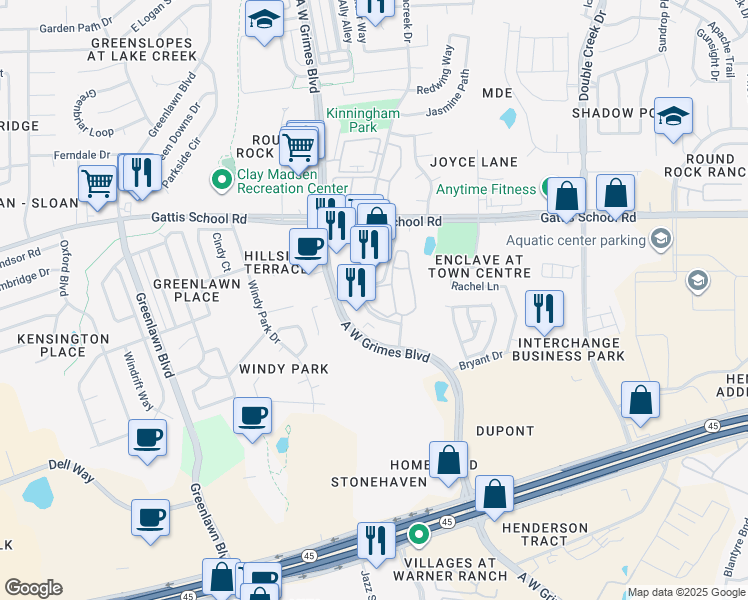 map of restaurants, bars, coffee shops, grocery stores, and more near 1875 A.W. Grimes Boulevard in Round Rock