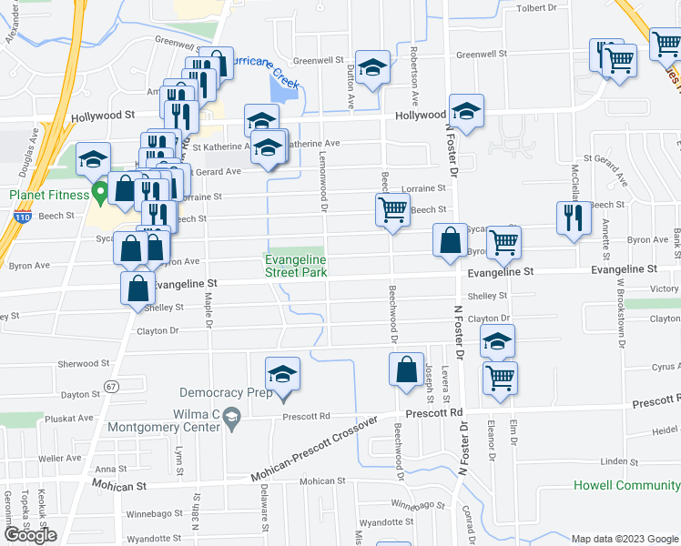 map of restaurants, bars, coffee shops, grocery stores, and more near 4353 Evangeline Street in Baton Rouge