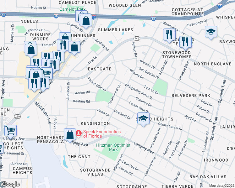 map of restaurants, bars, coffee shops, grocery stores, and more near 3600 Forest Glen Drive in Pensacola